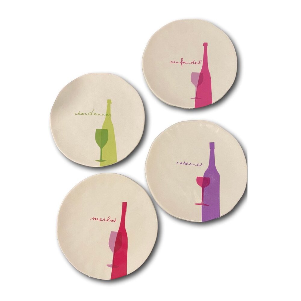 4 Snack Plates w Colorful Wine Bottles Merlot, Chardonnay, Cabernet & Zinfandel